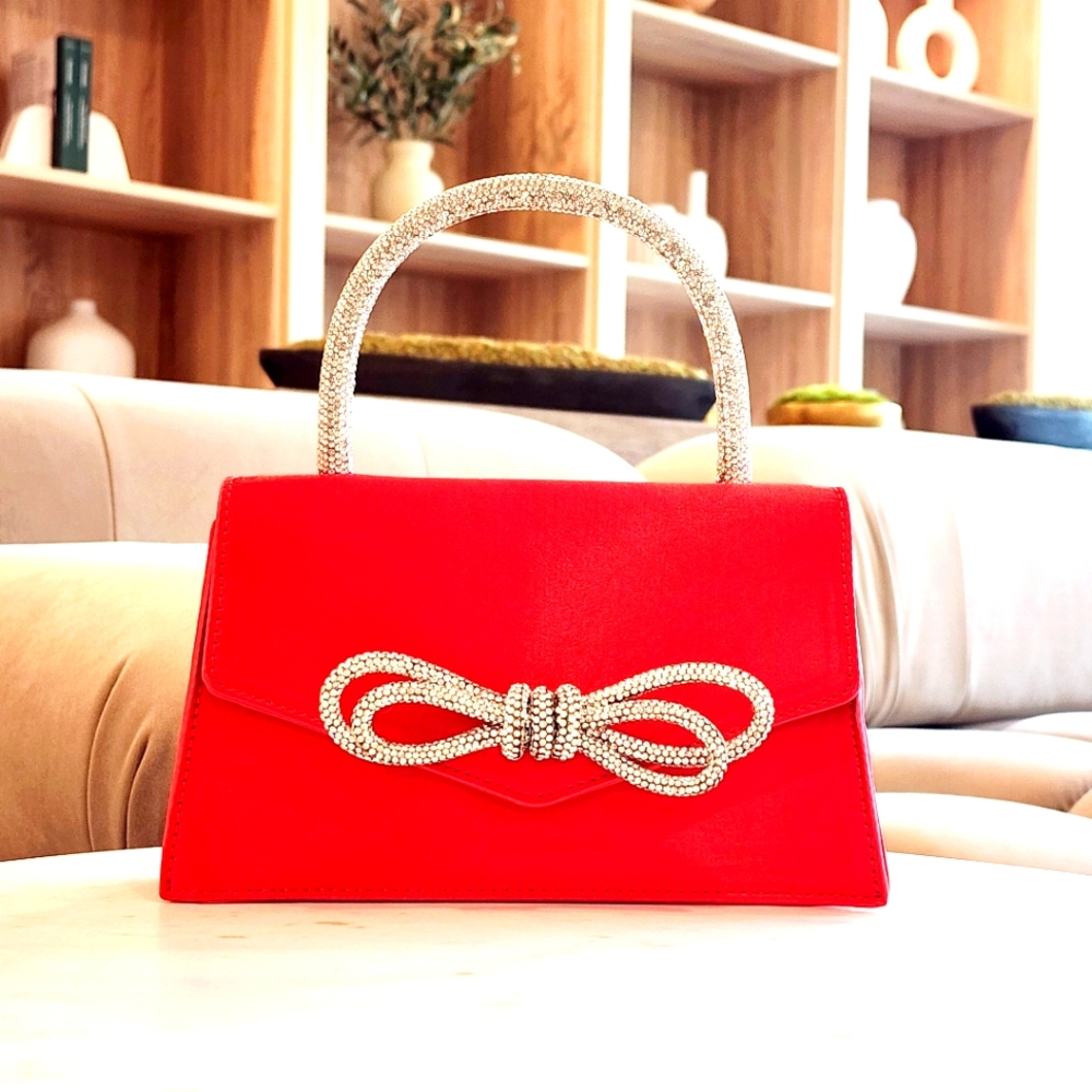 Women's Rhinestone Bow Accent Top Handle Red Satin Flap Handbag - Picture 2 of 11